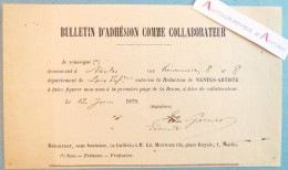 Edouard GARNIER 1879 - Nantes Artiste - Bulletin D'adhésion - Conservateur De Musée Né à Orléans - Signature Autographe - Sonstige & Ohne Zuordnung