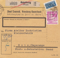 BiZone Paketkarte 1948: Arnsberg Nach Holz Bayersäge, Selbstbucherkarte Mit Wert - Cartas & Documentos