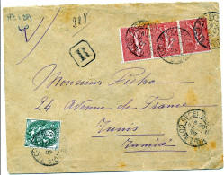 COTE D'OR ENV 1907 RECEY S OURCE LETTRE RECOMMANDEE BANDE 3 X 10C SEMEUSE LIGNEE + 5C BLANC POUR LA TUNISIE - 1903-60 Säerin, Untergrund Schraffiert