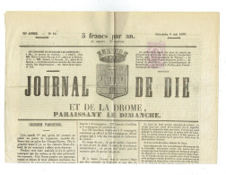 26 DROME Journal De Die Du 09/05/1869 Timbre De 2 C Violet Dentelé Journal Obl Typo Journal Complet SUP - Zeitungsmarken (Streifbänder)
