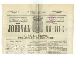 26 DROME Journal De Die Du 09/05/1869 Timbre De 2 C Violet Dentelé Journal Obl Typo Journal Complet SUP - Kranten