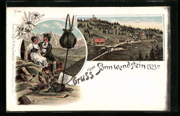 Lithographie Sonnwendstein, Gasthof Und Wanderer In Tracht  - Other & Unclassified