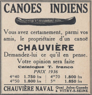 Canoes Indiens Chauvi�re Naval - 1936 Vintage Advertising - Pubblicit� - Werbung