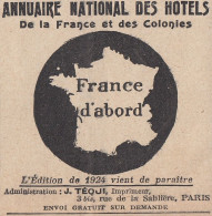 Annuaire National Des Hotels - 1924 Vintage Advertising - Pubblicit� Epoca - Werbung