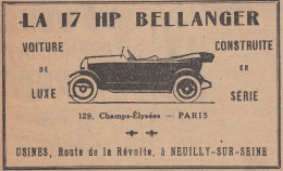 Voiture De Luxe 17 HP BELLANGER - 1920 Vintage Advertising - Pubblicit�  - Reclame
