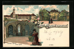 Lithographie Maria Enzersdorf, Lourdesgrotte, Alte Kirche Und Schloss Hunyady  - Other & Unclassified