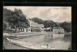 AK Burgau Am Attersee, Hafenpartie Mit Hotel Burgau, Anlagen Und Bergpanorama  - Otros & Sin Clasificación