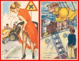 * LOT DE 2 CP * ILLUSTRATION * CROISEMENT DANGEREUX AVEC PIN UP * GROSSE FEMME SUR BATEAU A LA JUMELLE - Humor