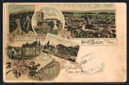 Lithographie Baden, Erzherzog Wilhelm Villa, Kurhaus, Cholera-Kapelle  - Sonstige & Ohne Zuordnung