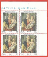 Italia 2001; Piero Della Francesca Dipinge “La Madonna Di Senigallia”, Quartina Di Angolo Superiore. - 2001-10: Nieuw/plakker