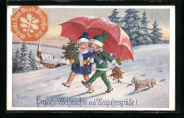 Künstler-AK Kränzle: Weihnachts- & Neujahrsgruss, Kinder Spazieren Im Winter, Hund  - Kränzle