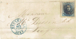 Médaillon N°7 (BDF à Gauche Et TB Margé)S/LAC Obl. P24 (1852) BRUXELLES > LIEGE + Entête J.B. TIRCHER éditeur, Imprimeur - 1851-1857 Medaillons (6/8)