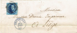 N°7 (1 Voisin Et TB Margé)S/LAC Obl. 14 Barres BRUXELLES (1852) > LIEGE + Entête J.B. TIRCHER éditeur, Imprimeur - 1851-1857 Medallions (6/8)