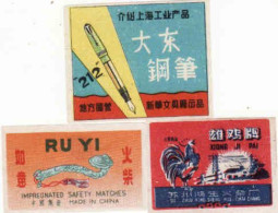 China - 3 Matchbox Labels, RU Yi - Snake, Dragon, Rooster - The Cock, The Pen - Matchbox Labels