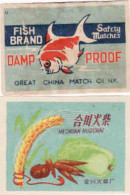 China - 2 Matchbox Labels, Fish, Vegetables, Grain, Rice - Luciferdozen - Etiketten