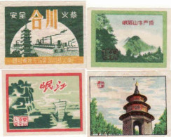 China - 4 Matchbox Labels, Construction, Factory, Mountain, Tower - Luciferdozen - Etiketten