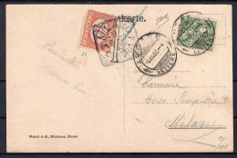 1907 8 LUG CENT.10 + HELVETIA 5 SASS.21 USATI CON BEI ANNULLI  SU CARTOLINA  DA LUGANO X MILANO  FIRMATO BIONDI - Poststempel