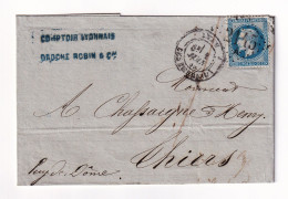 Lettre 1869 Lyon Rhône Comptoir Lyonnais Droche Robin & Cie Thiers Henry Chassagne Puy De Dôme - 1862 Napoleone III