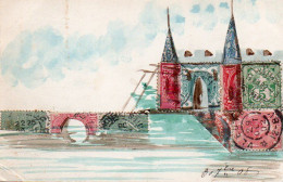 4V4Sb   Cpa Dessinée Peinte Main Avec Collage Timbres France Suisse Chateau Fort 1908 - Dreh- Und Zugkarten