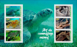 DJIBOUTI 2024 MS 6V - CAMOUFLAGE - FROG FROGS TURTLES TURTLE OWL OWLS GECKO CHAMELEON SEAHORSE HIPPOCAMPE REPTILES - MNH - Ranas