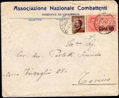 1922 7 OTT EX C.60+C.40  SASS.EX6+84 USATI   SU  BUSTA ASSOCIAZIONE NAZIONALE COMBATTENTI DA GUARENE X TORINO FIRMATO BI - Marcophilie