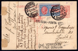 1915 11 NOV EX C.30+C.10 SASS.C44+EX2  USATI CON ANNULLO BOLOGNA POSTA ESTERA E VERIFICATO PER CENSURA  SU CARTOLINA POS - Marcophilie