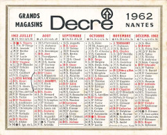 Nantes * Petit Calendrier 1962 Publicitaire * Grands Magasins DECRE * Calendar Decré - Nantes