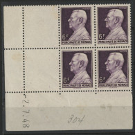 MONACO N° 304 Bloc De 4 Neuf ** (MNH) Avec Coin Daté Du 7/2/48. Voir Description - Unused Stamps
