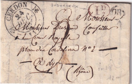 LETTRE. 24 DEC 36. CERDON. AIN. ORIGINE RURALE OR = JUJURIEUX. POUR LYON. TAXE 3 - 1801-1848: Precursori XIX