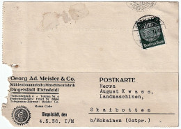 Company Postcard Georg Ad. Masters & Co. Mühlenbauanstalt Dingelstädt Seal May 4, 1936 Postage Stamp DR Hindenburg 6 - Postcards