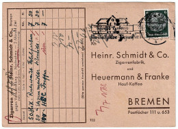 Company Postcard H.Schmidt & Co. Cigar Factory & Heurenmann & Franke Hauf-Kaffe BREMEN Special Seal Breslau 07/06/1937 - Tarjetas