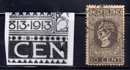 Netherlands 1913 10 Cent Jubilee Printing Error NVPH 93W - Plaatfouten En Curiosa