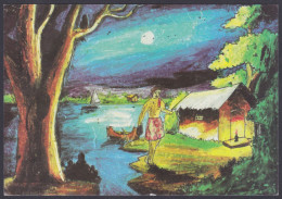 Inde India 2007 Mint Postcard Children's Day, Child, Drawing, Painting, Moon, Hut, Man, River, Boat, Trees - India