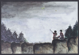Inde India 2007 Mint Postcard Children's Day, Child, Drawing, Painting, Moon, Night, Trees, Cliff - India