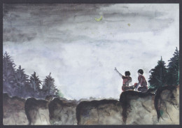 Inde India 2007 Mint Postcard Children's Day, Child, Drawing, Painting, Moon, Night, Trees, Cliff - Inde