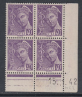 France N° 413 XX Type Mercure : 40 C. Violet En Bloc De 4 Coin Daté Du 15 . 1 . 42 ; Sans Pt Blanc, Sans Ch., TB - 1940-1949