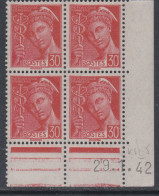 France N° 412 XX Type Mercure : 30 C. Rouge En Bloc De 4 Coin Daté Du 29 . 1 . 42 ; Sans Pt Blanc, Sans Ch., TB - 1940-1949