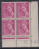 France N° 416 XX Type Mercure : 70 C. Lilas-rosee En Bloc De 4 Coin Daté Du 22 . 3 . 39 ; 1 Pt Blanc, Sans Ch., TB - 1930-1939