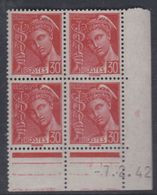 France N° 412 XX Type Mercure : 30 C. Rouge En Bloc De 4 Coin Daté Du 7 . 2 . 42 ; Sans Pt Blanc, Sans Ch., TB - 1940-1949