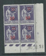 France N° 478 XX : 50 Sur 55 C Violet  En Bloc De 4 Coin Daté Du 30. 8 . 38  : Sans Point Blanc  Sans Charnière,TB - 1940-1949