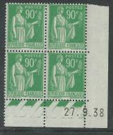 France Type Paix N° 367 XX : 90 C. Vert En Bloc De 4 Coin Daté Du 27 . 9 . 38 Sans Charnière Sans  Point  Blanc, TB - 1930-1939
