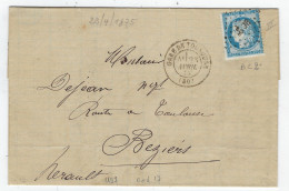 Lettre De Toulouse - CAD 17 Gare De Toulouse BC 2 - Fabrique De Balais Gros - Pour Beziers 1875 - 1849-1876: Klassieke Periode