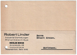 Firmen Postkarte Robert Linder Industrie-Vertretungen Metalbeschlage Berlin SW 68 Annenstrase 48 - WW2 18.08.1944 - Otros & Sin Clasificación