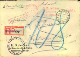 1947, R-Brief Mit Notzettel Von WESTERLAND Nach Niebüll. Mit Gestrichenem Nachporto "108" - Briefe U. Dokumente