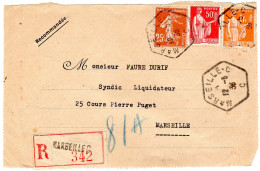 1936 Recommandé De MARSEILLE CAD HEXAGONAL  T P Semeuse 25c + Paix 50c  +1f - Brieven En Documenten