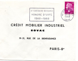 ECRIVAIN / HONORE D' URFE = 42 = St ETIENNE RP 1968 = FLAMME Codée = SECAP  ' 1568 4° CENTENAIRE HONORE D'URFE ' - Oblitérations Mécaniques (flammes)