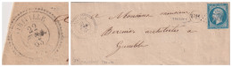 LETTRE. 22 AVR 63. N° 22. PERLÉ T22. VIRIVILLE. ISERE. GC 4295. ORIGINE RURALE OR = THODURE.  POUR GRENOBLE - 1849-1876: Classic Period