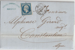 MARITIME - 1856 - BATEAU A VAP. MARSEILLE (IND 12) ! LETTRE => CONSTANTINE (ALGERIE) - Posta Marittima