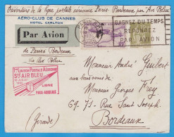 LETTRE PAR AVION - 1° LIAISON POSTALE AERIENNE Sté AIR BLEU LIGNE PARIS BORDEAUX DU 10 JUILLET 1935 - AERO-CLUB CANNES - 1927-1959 Cartas & Documentos