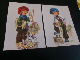 LOT DE 2 ILLUSTRATIONS..JEUNES GARCONS TRAVAILLANT...STYLE "GAVROCHE ??".. - Hedendaags (vanaf 1950)